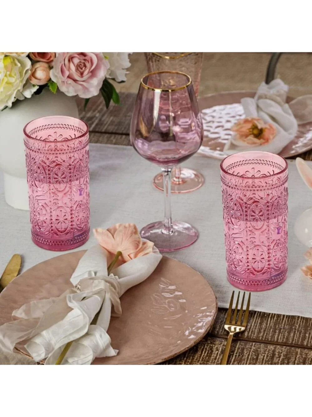 Vintage Pink Highball Glasses Set, 12oz Drinking Glassware, Retro Home Decor